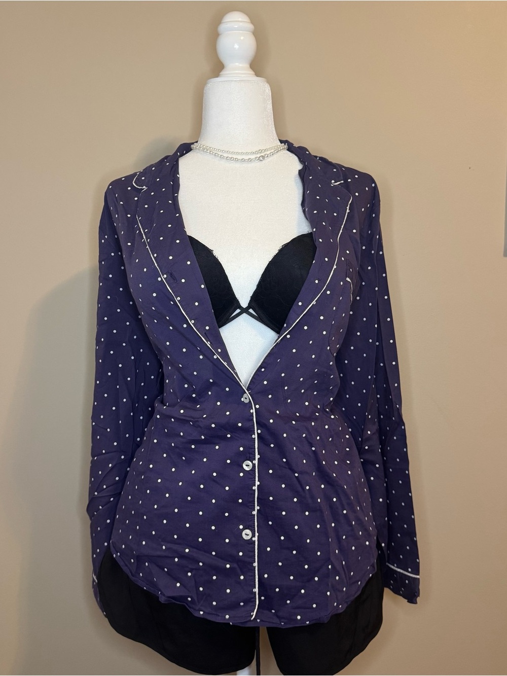 VICTORIAS SECRET Polka Dot Pajama Top with White Piping
